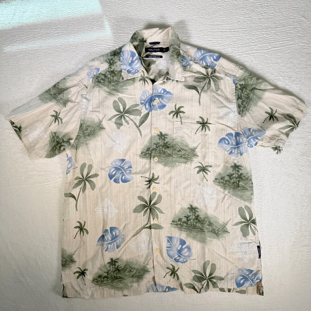 Nautica Mens Cream Leaf Print Silk Easy Care‎ Beach Button Up Shirt Size Large